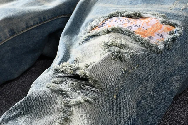 Distressed Patchwork Light-Wash Slim-Fit Jeans 6