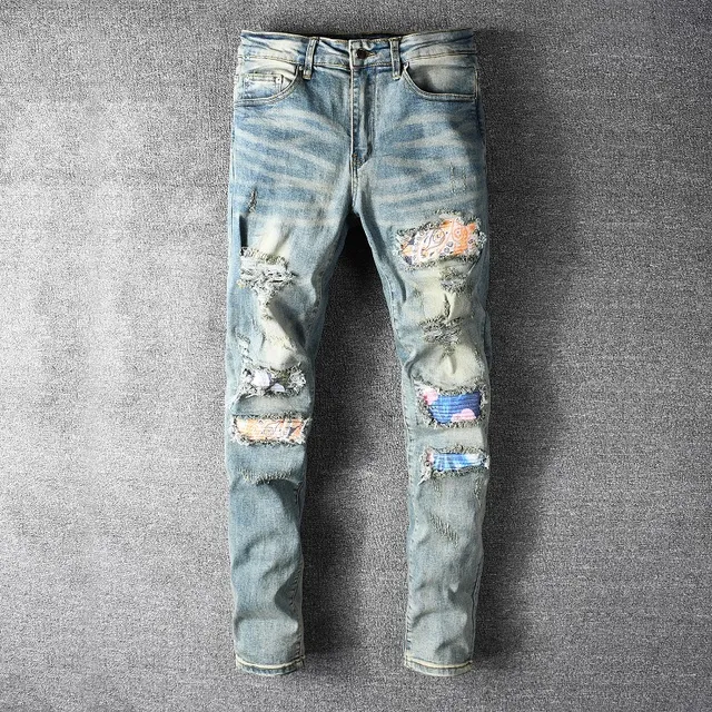 Distressed Patchwork Light-Wash Slim-Fit Jeans 9