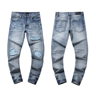 Distressed Slim-Tapered Ripped Blue Denim Jeans
