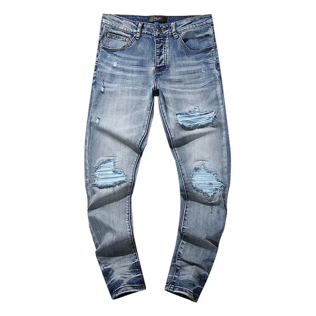 بناطيل جينز أزرق ممزقة مفتوحة الفتق مع قصة slim-tapered 2