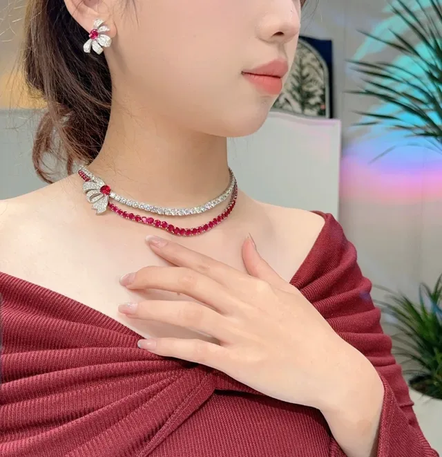 Double-Row Ruby and Diamond Bow Clasp Necklace 5