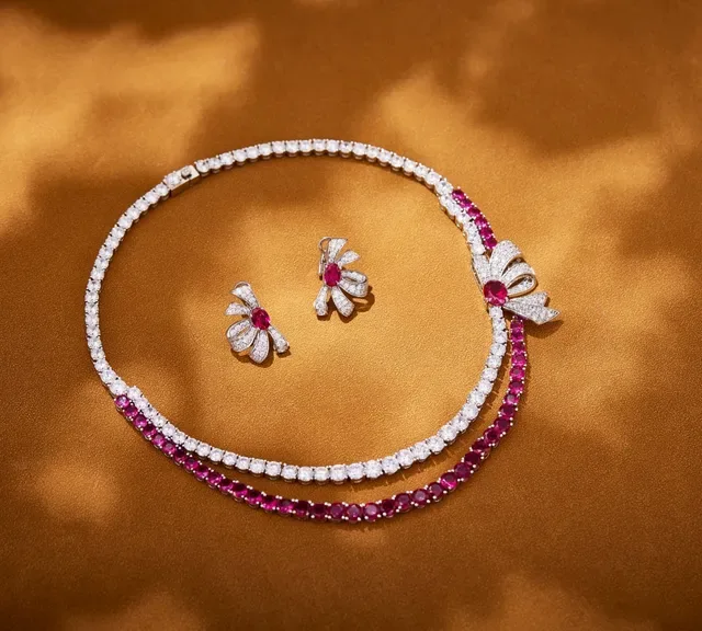 Double-Row Ruby and Diamond Bow Clasp Necklace 6