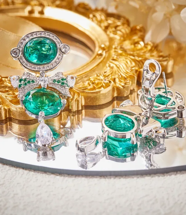 Emerald and Diamond Bow Motif Drop Earrings 3