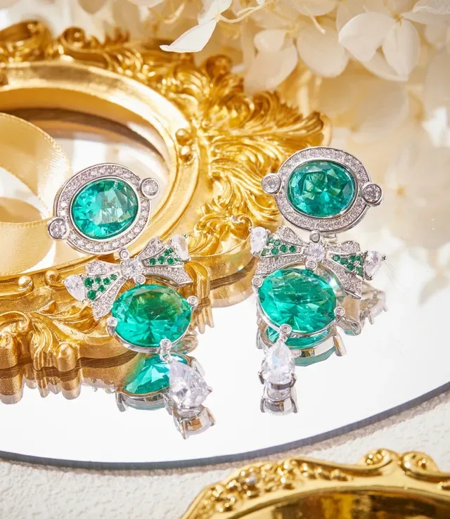Emerald and Diamond Bow Motif Drop Earrings 4