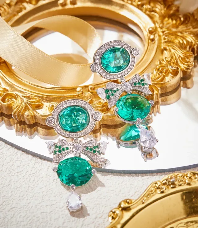 Emerald and Diamond Bow Motif Drop Earrings 6