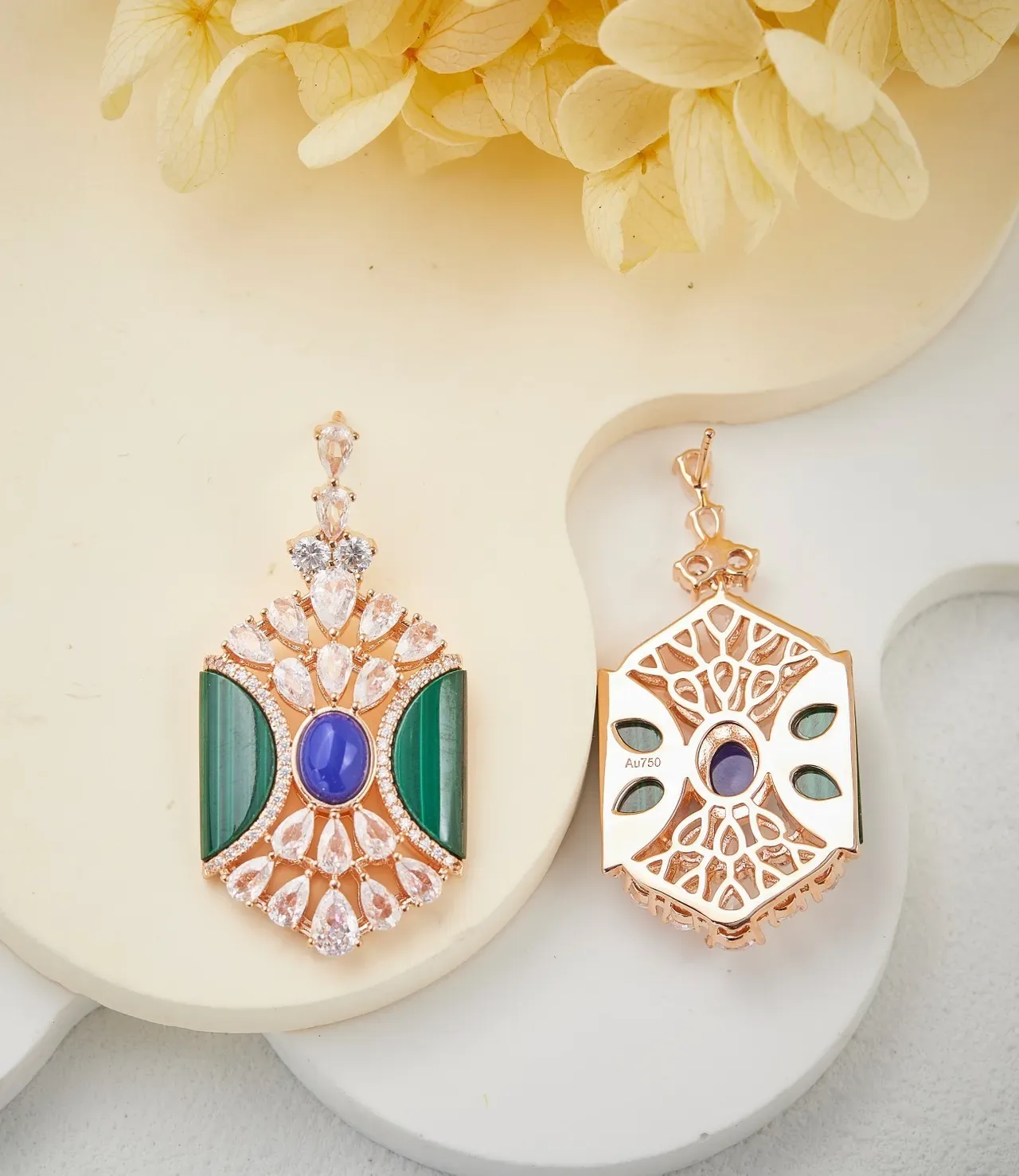 Fan-Shaped Malachite and Blue Cabochon Pavé Earrings 6