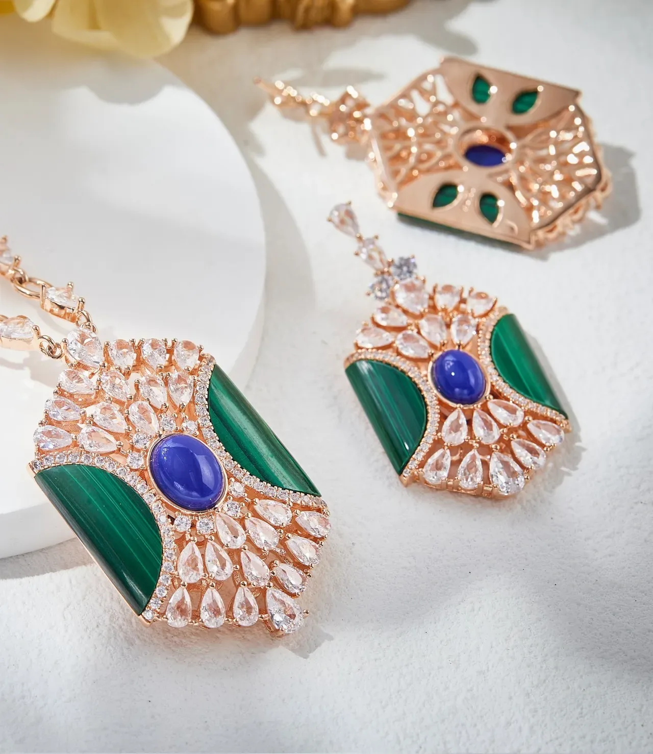 Fan-Shaped Malachite and Blue Cabochon Pavé Earrings 7