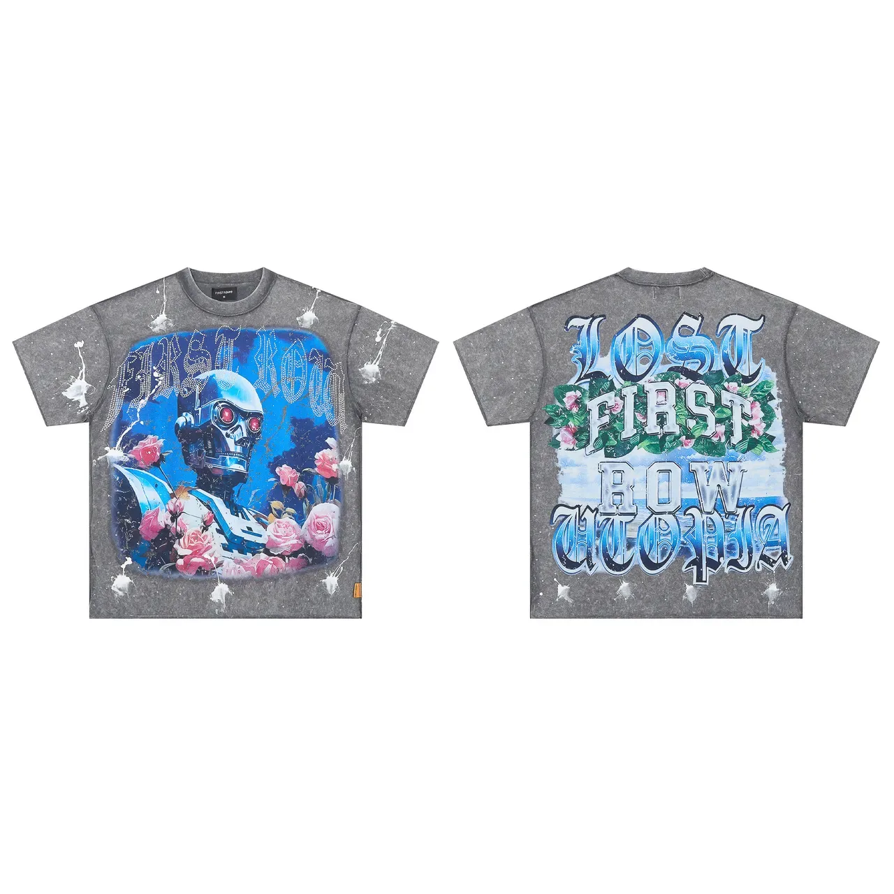 FIRST ROW Graphic Print Washed Gray Oversized T-Shirt 3