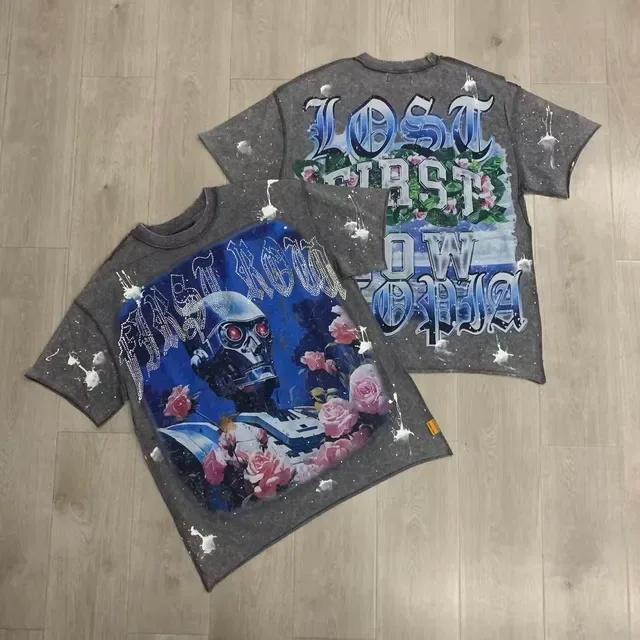 FIRST ROW Graphic Print Washed Gray Oversized T-Shirt 4