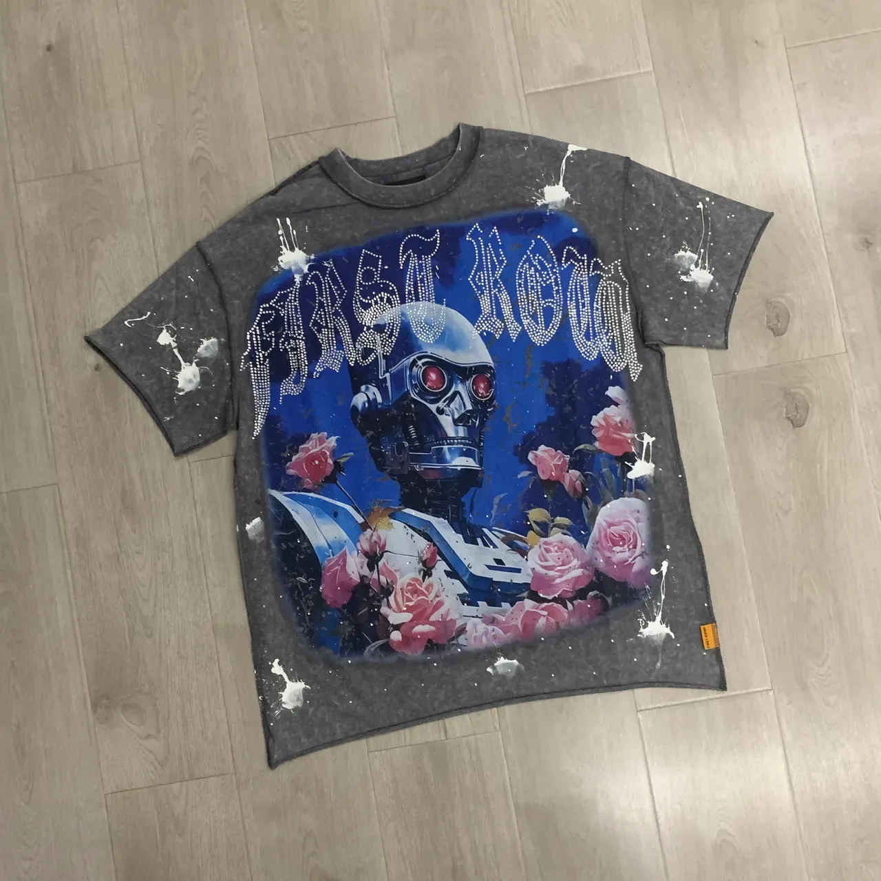 FIRST ROW Graphic Print Washed Gray Oversized T-Shirt 5