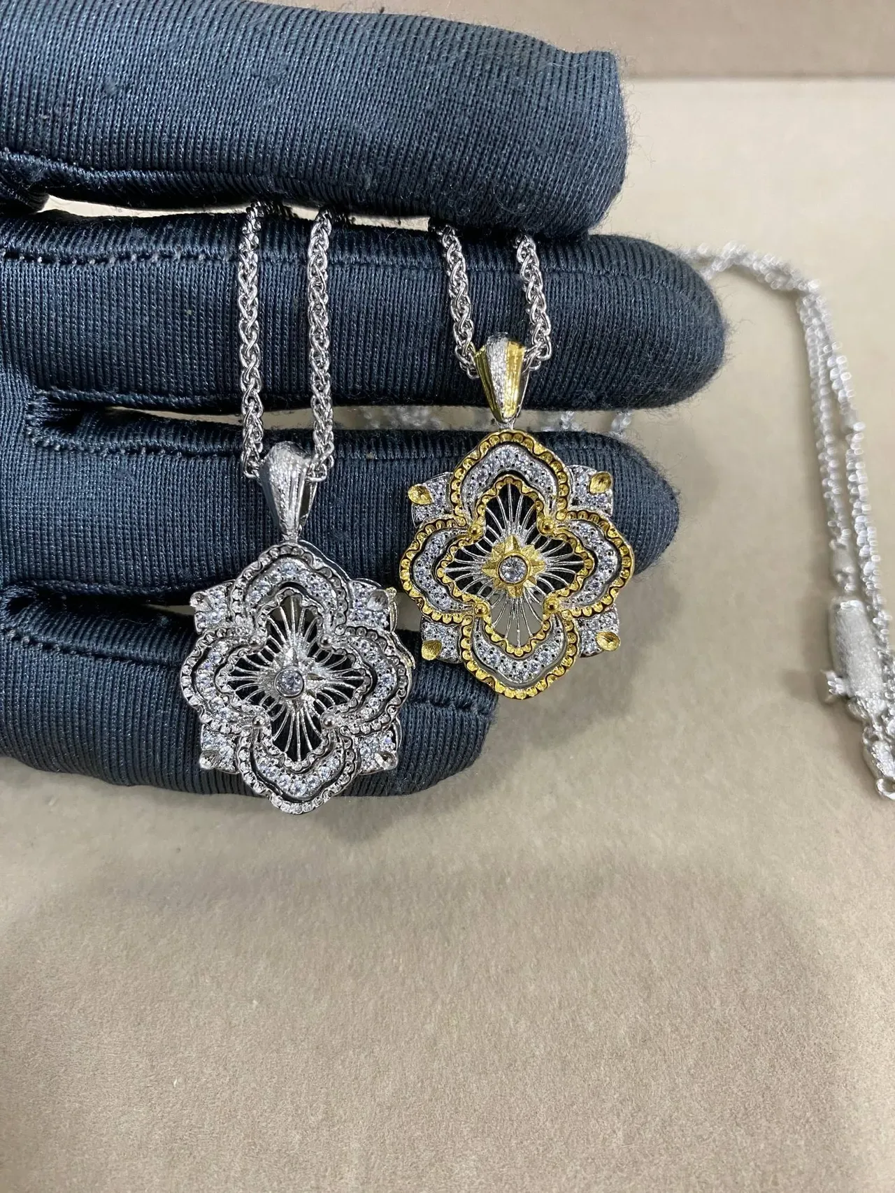 Floral Quatrefoil Pavé Pendant Necklace 5