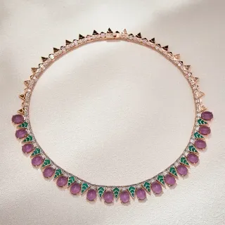 Geometric Enamel and Cabochon Purple Stone Necklace