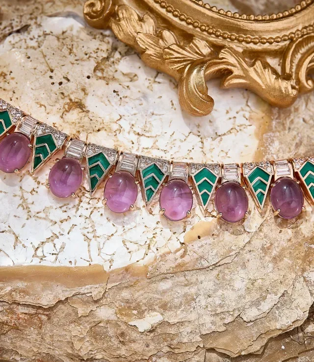 Geometric Enamel and Cabochon Purple Stone Necklace 2