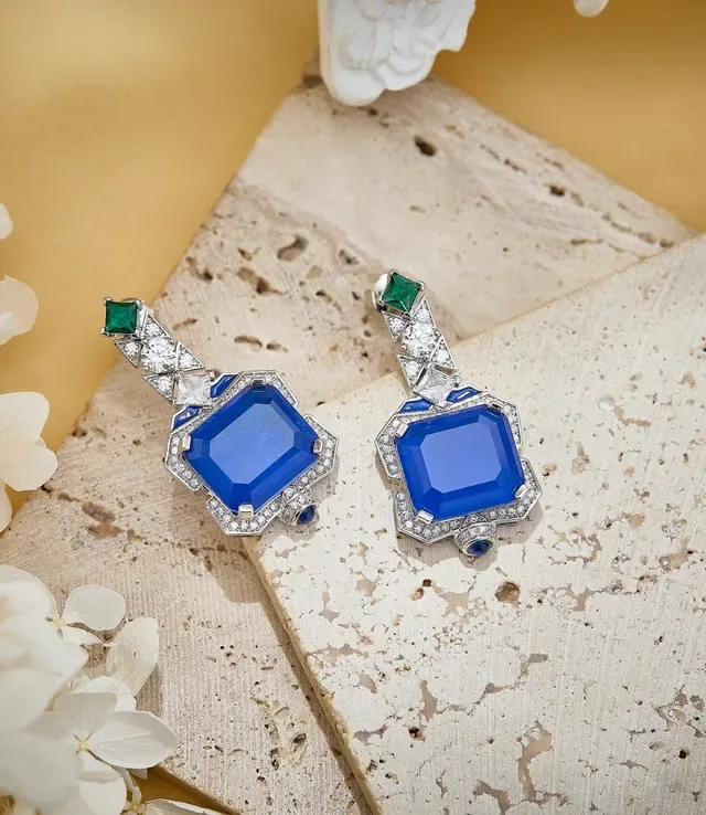 Geometric Octagonal Halo Blue and Emerald Diamond Earrings 1
