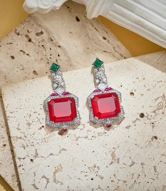Geometric Octagonal Halo Blue and Emerald Diamond Earrings 8