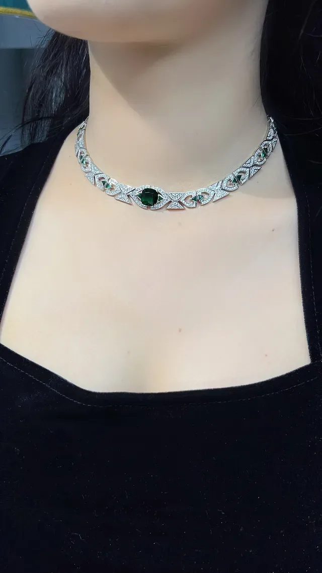 Geometric Pavé Diamond and Emerald Necklace 2