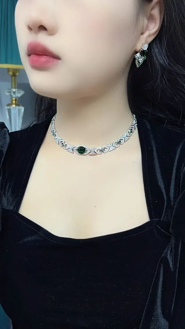 Geometric Pavé Diamond and Emerald Necklace 6