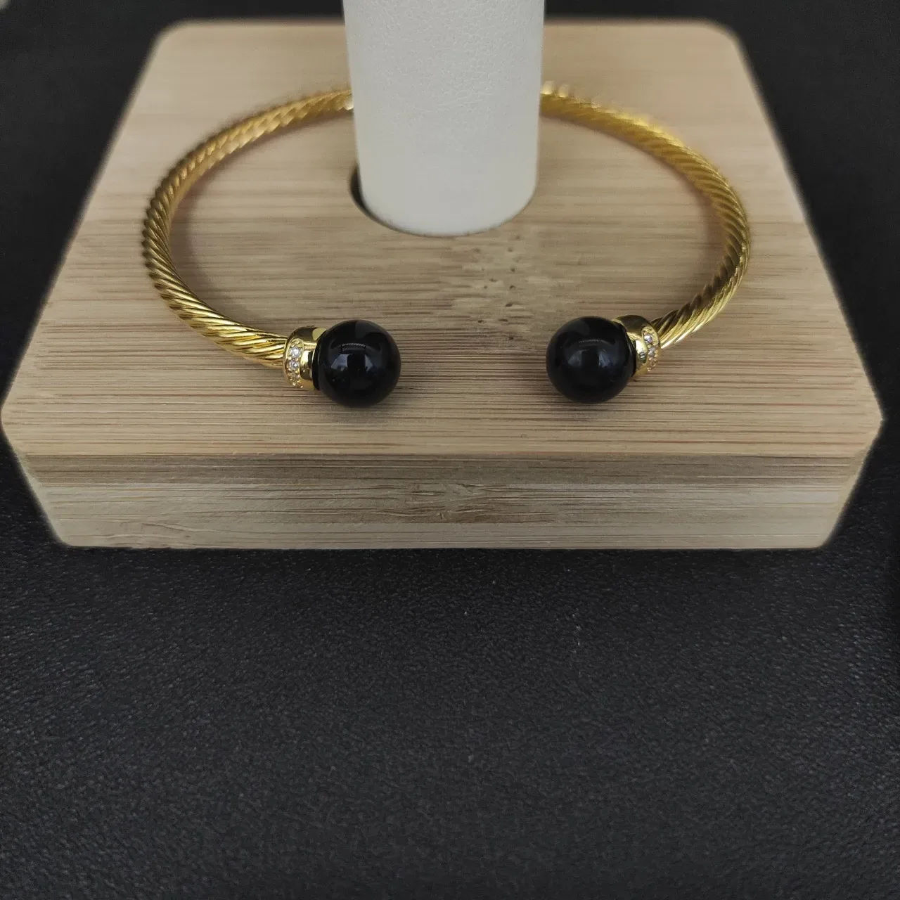 Gold Black Twisted Cable Spherical End Caps Bracelet 6