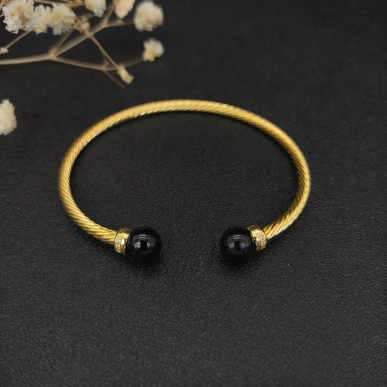 Gold Black Twisted Cable Spherical End Caps Bracelet 8