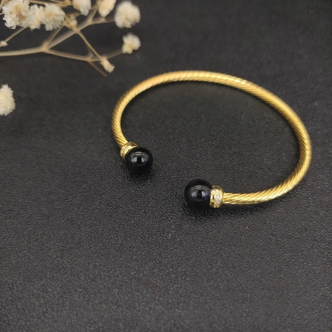 Gold Black Twisted Cable Spherical End Caps Bracelet 9