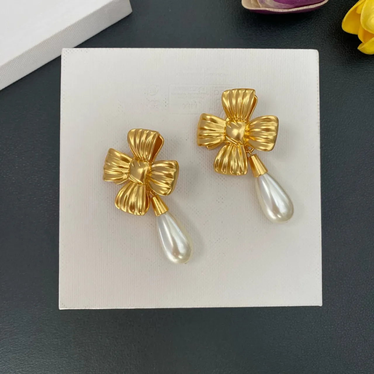 Gold Bow Motif Teardrop Dangle Earrings 6