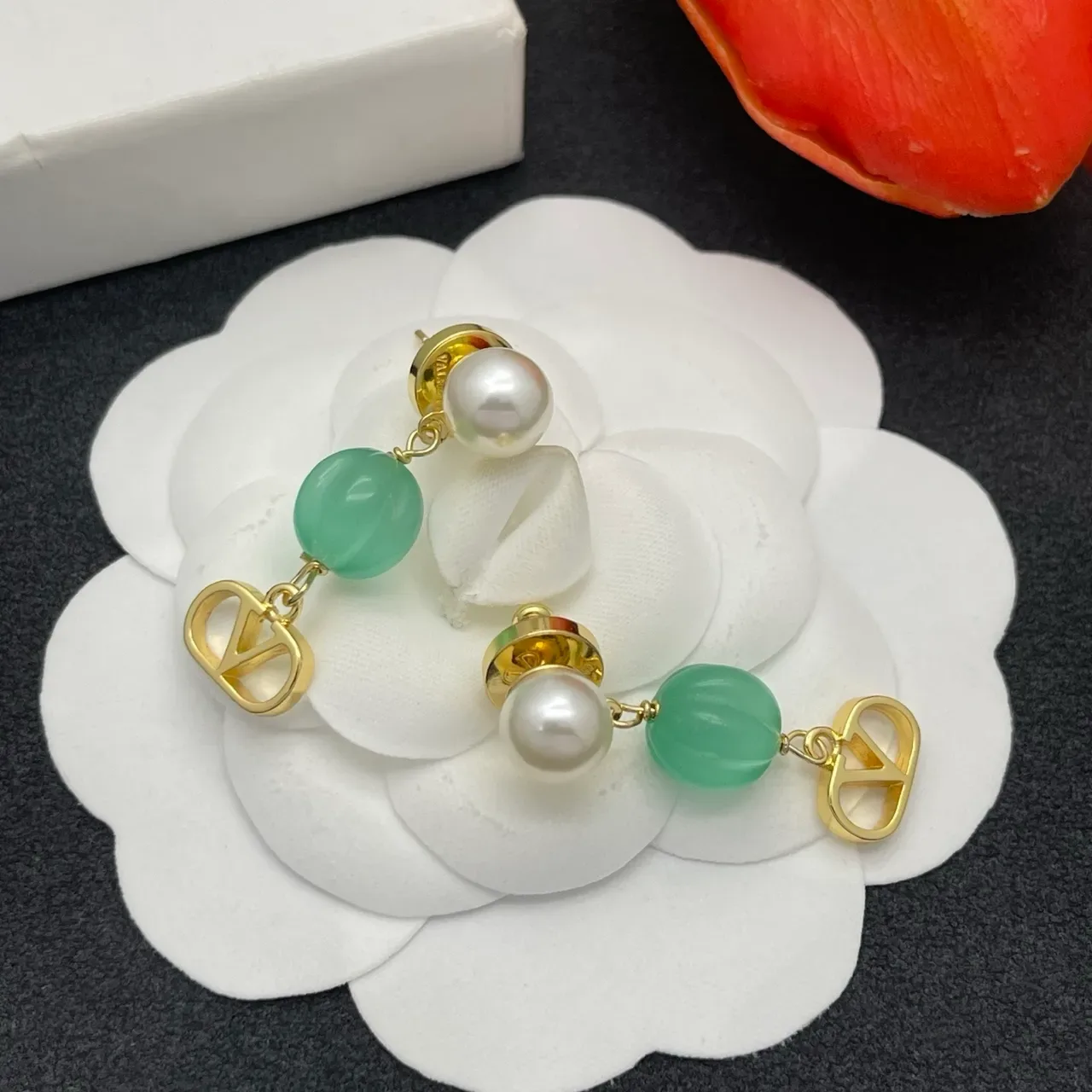 Gold Green Pearl-and-Stone Drop V-Shaped Pendant Earrings 7