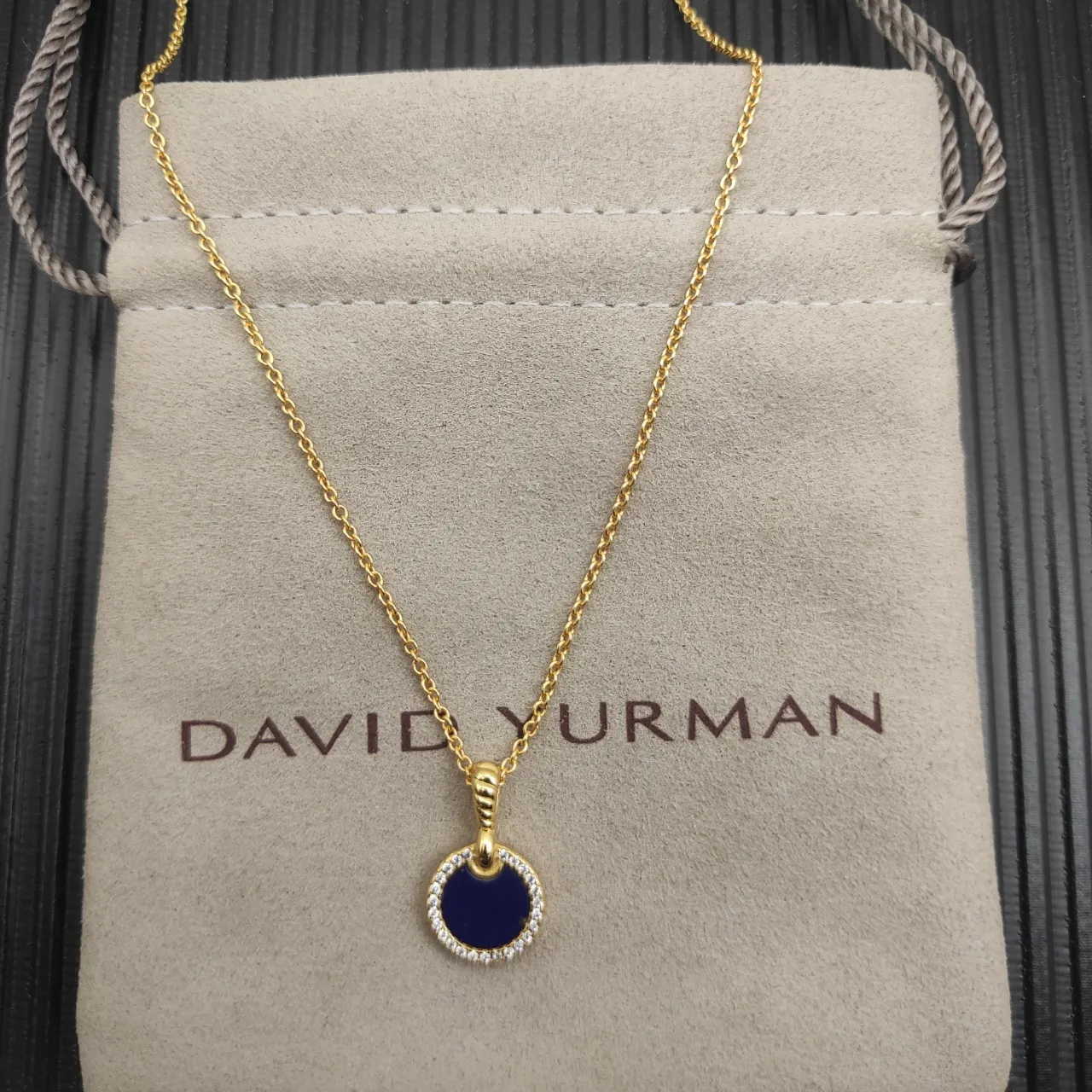 Gold Lapis Lazuli and Diamond Halo Disc Pendant Necklace 9