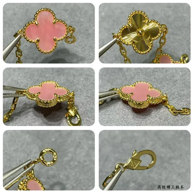 Gold Pink Chain Four-Leaf Clover Charms Bracelet 3