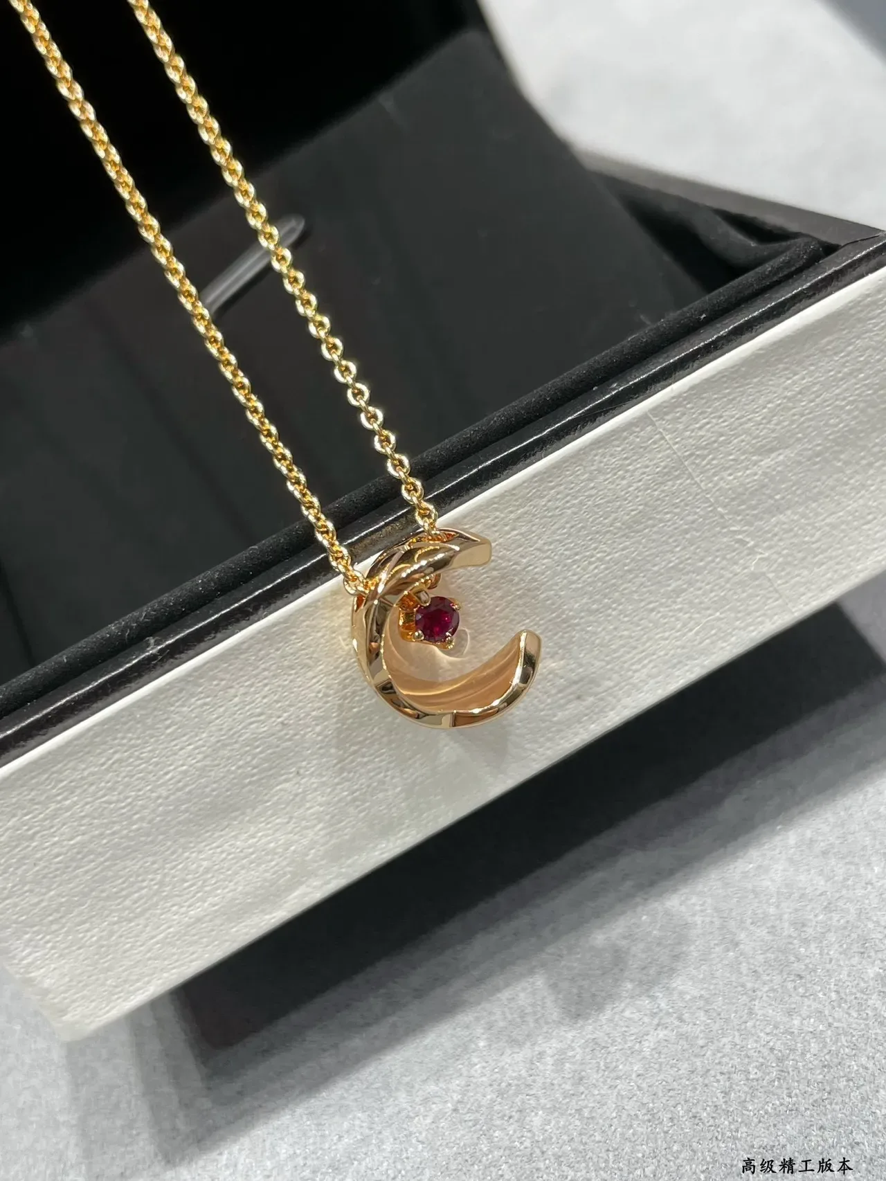 Gold Red Crescent Moon Pendant Solitaire Gemstone Necklace 4