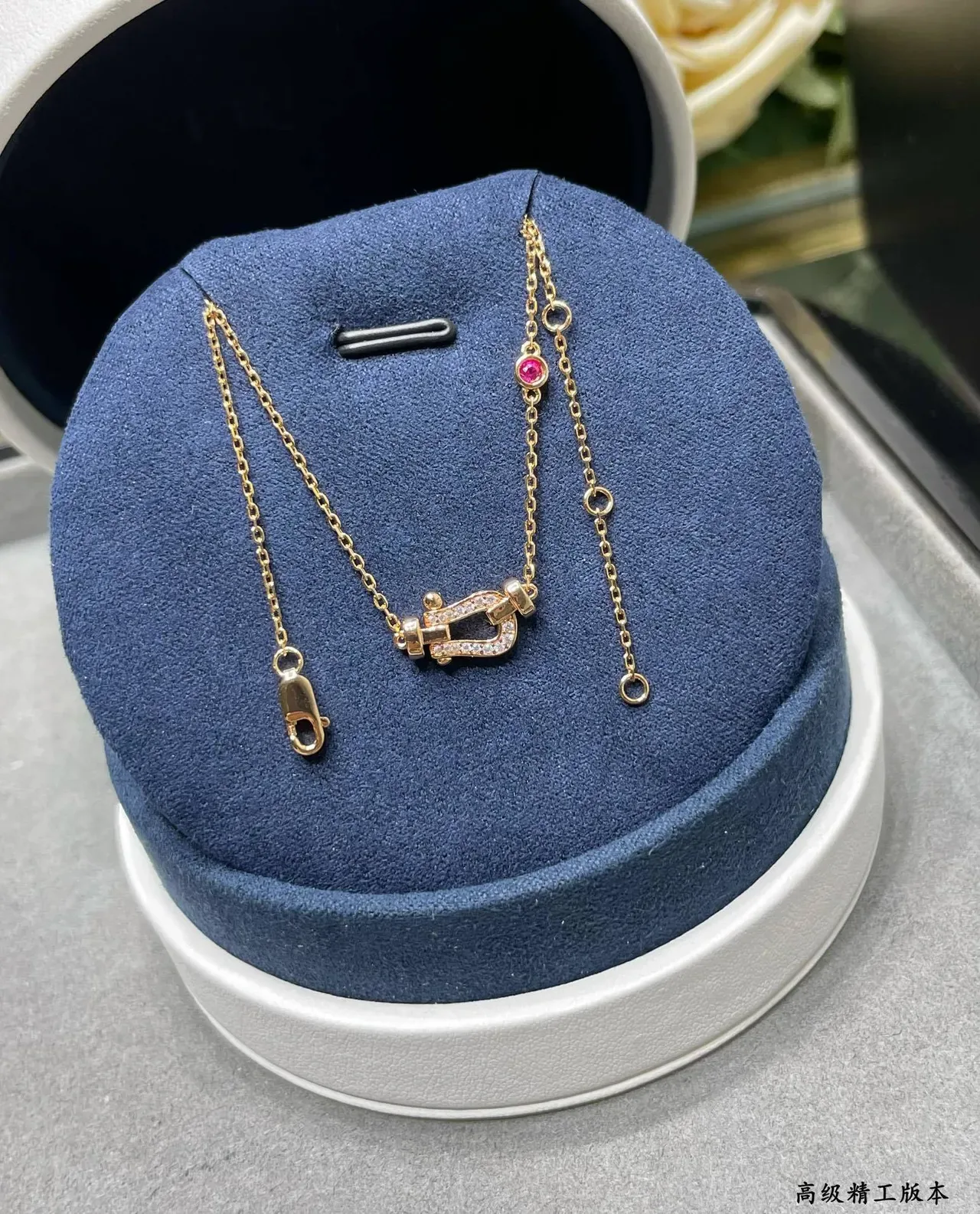 Gold Red Rose Chain Pavé-Set Clasp Pendant Necklace 7
