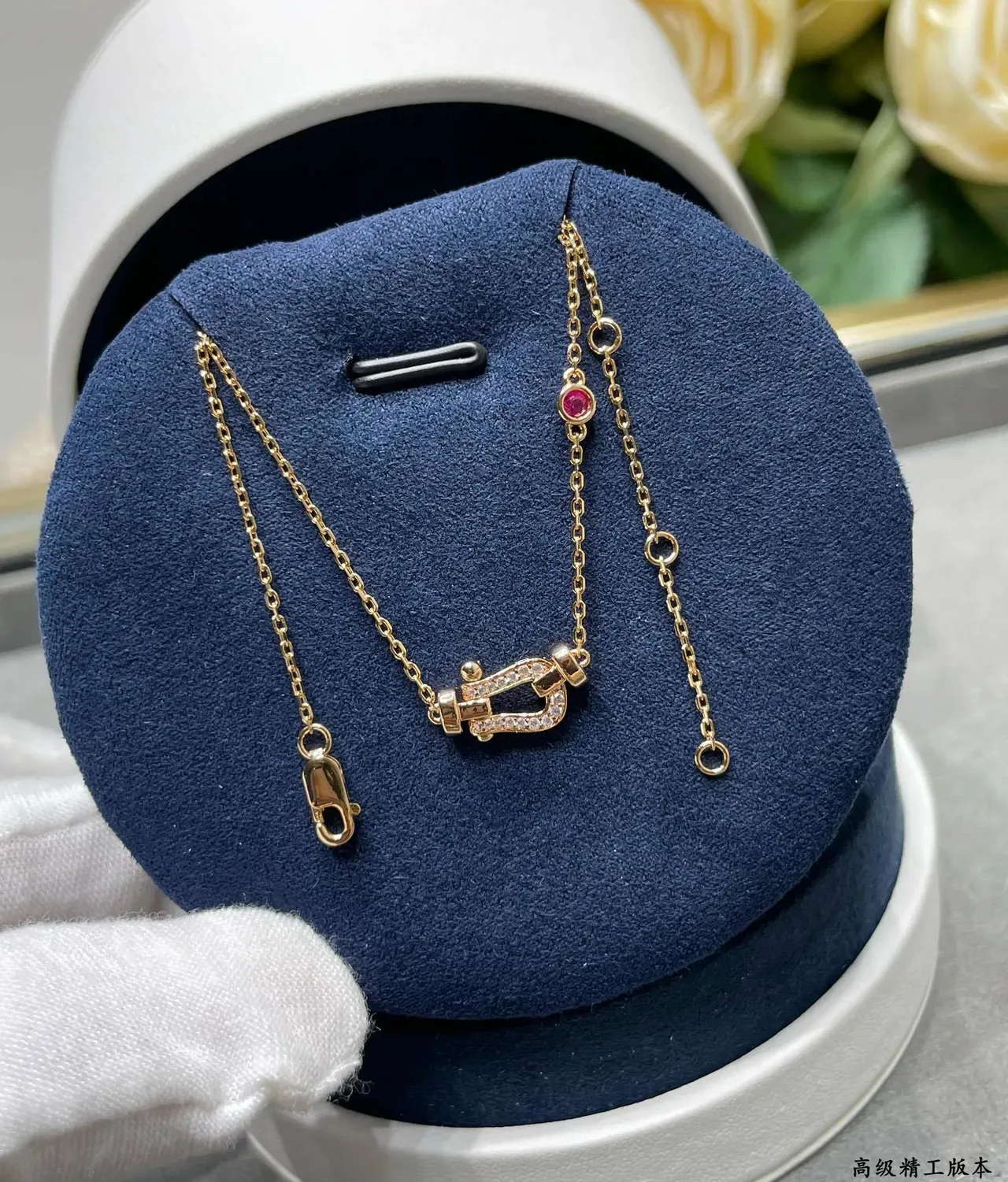 Gold Red Rose Chain Pavé-Set Clasp Pendant Necklace 8