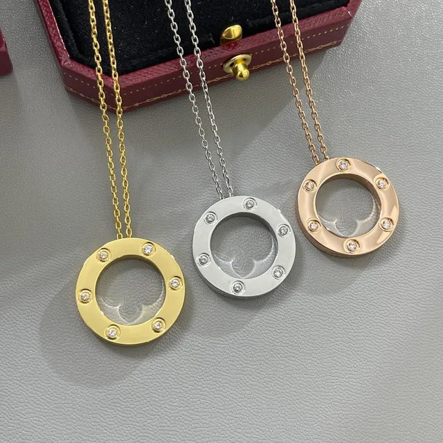 Gold Silver Circular Open-Frame Pendant Six Bezel-Set Clear Stones Necklace 4