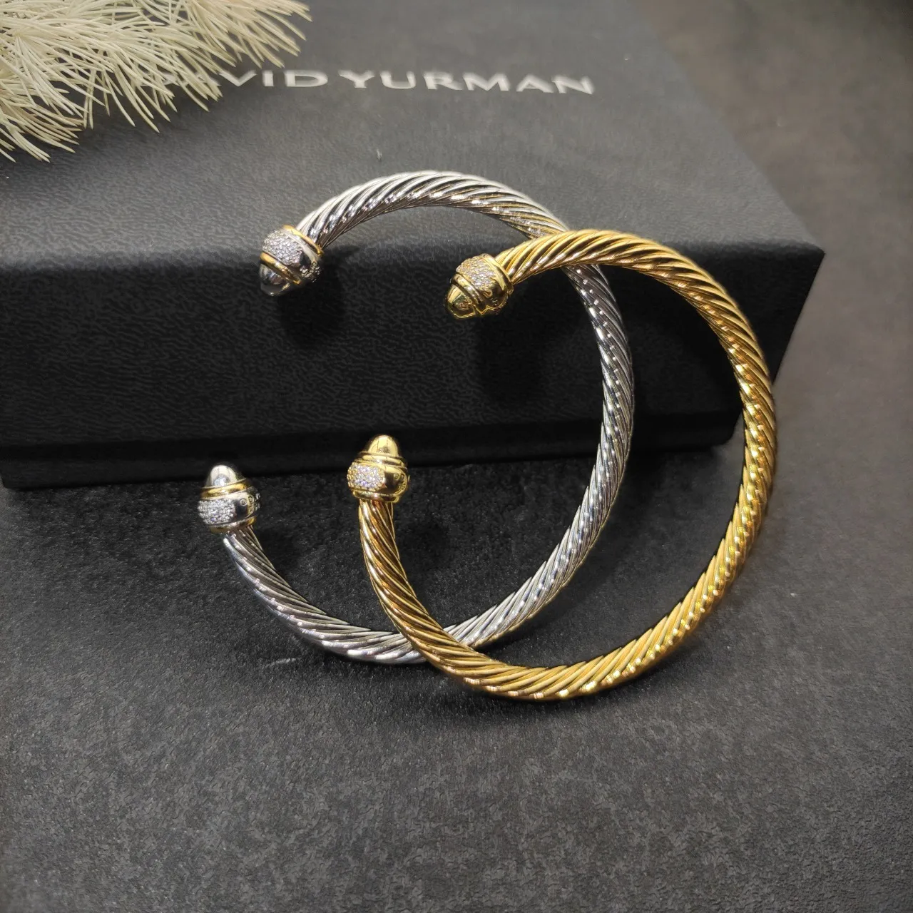 Gold Silver Twisted Rope Cable Pavé-Set End Caps Bracelet 6