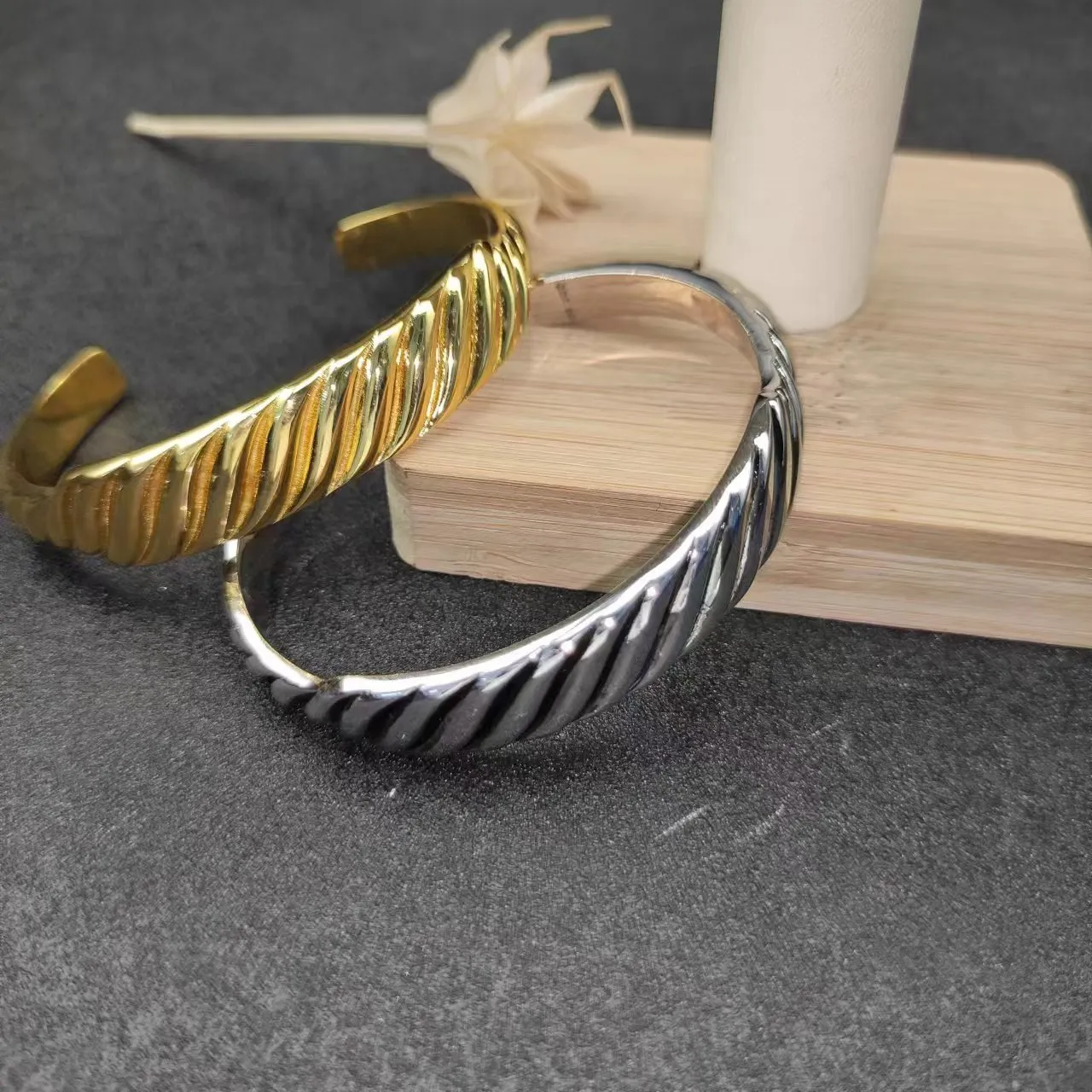 Gold Silver Twisted Rope Texture Open Cuff Bracelet 7