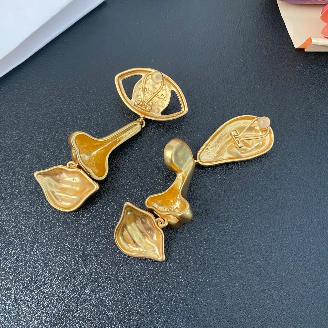 Gold-Tone Asymmetrical Sculptural Facial Feature Earrings 2