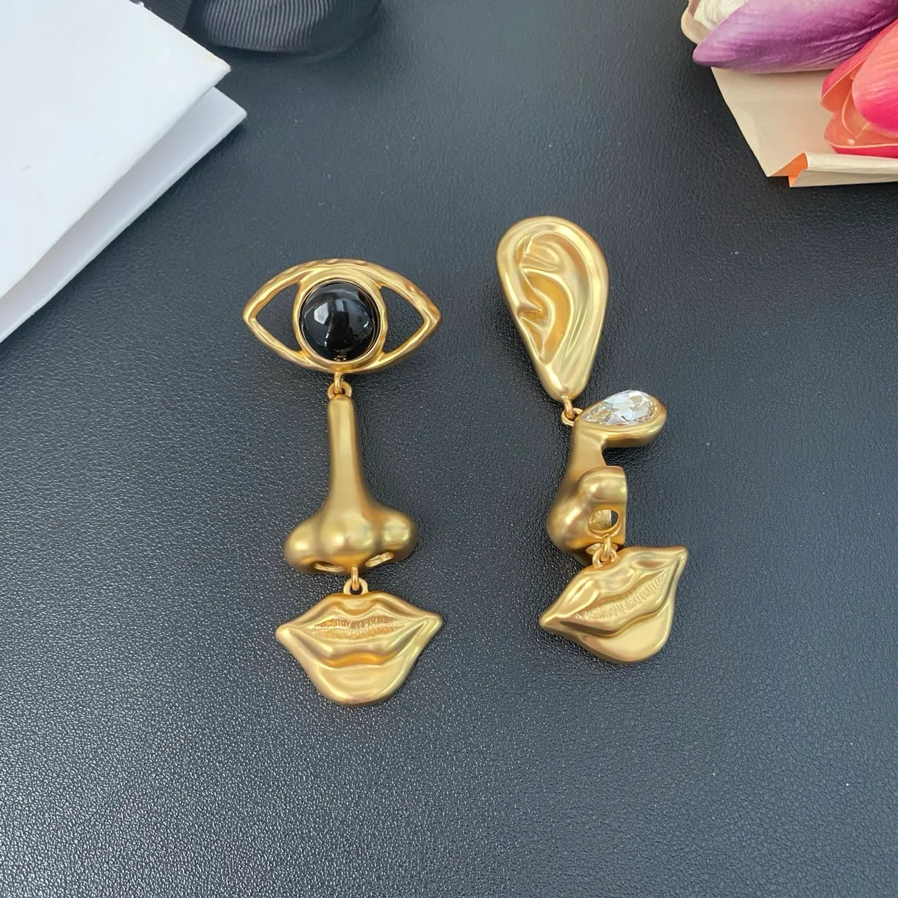 Gold-Tone Asymmetrical Sculptural Facial Feature Earrings 5