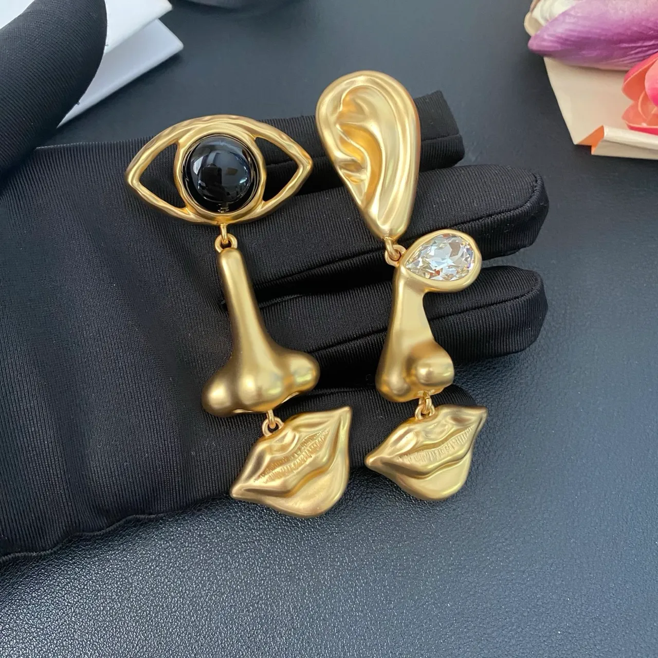 Gold-Tone Asymmetrical Sculptural Facial Feature Earrings 6