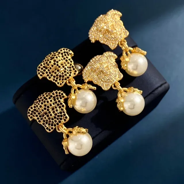 Gold-Tone Medusa Head Pavé Pearl Drop Earrings 2