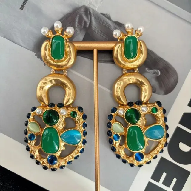 Gold-Tone Multi-Gemstone Pearl Dangling Earrings 2
