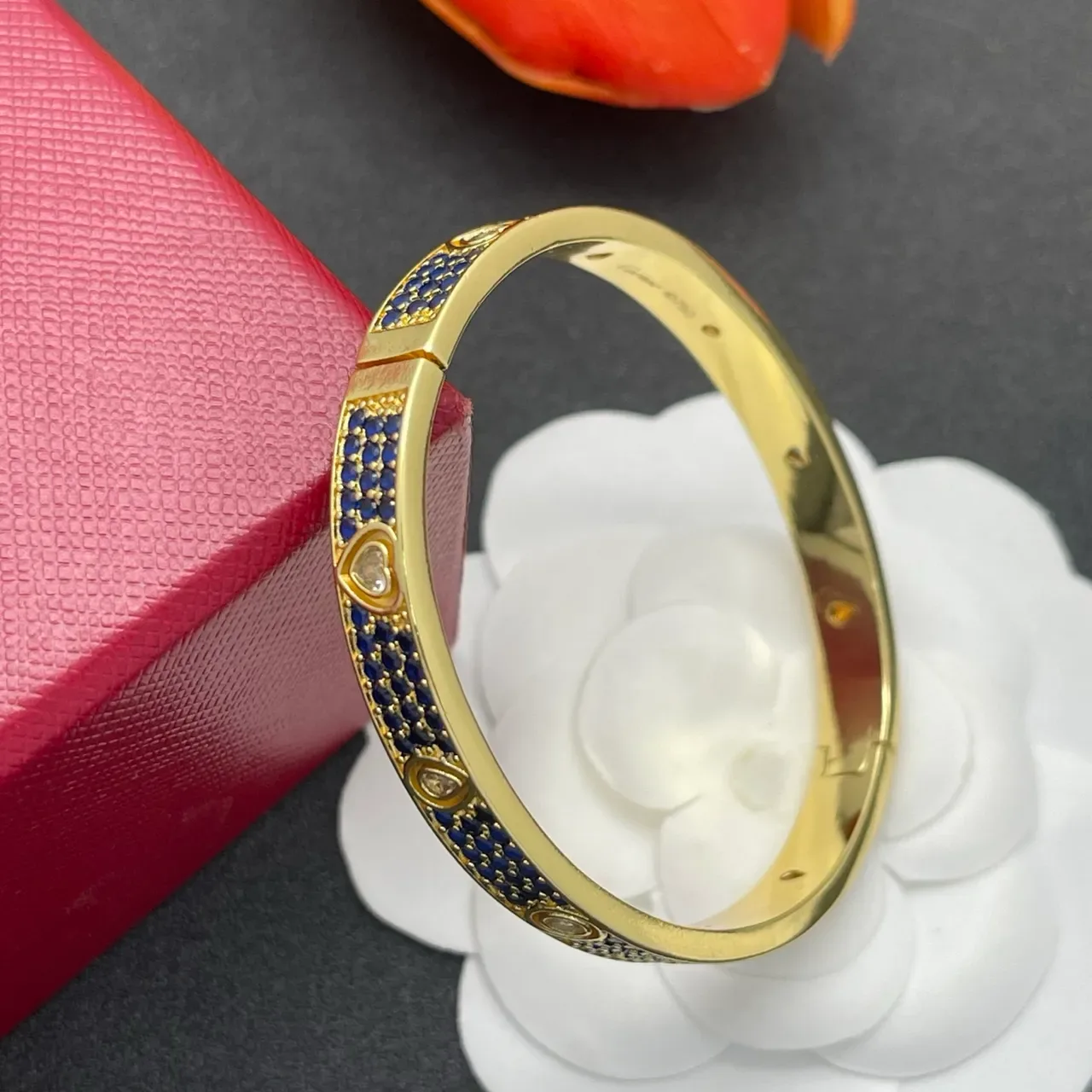 Gold-Tone Pavé Blue Stone Heart Accent Bangle Bracelet 5