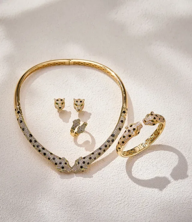 Gold-Tone Pavé Dual Leopard Head Open Band Ring 4