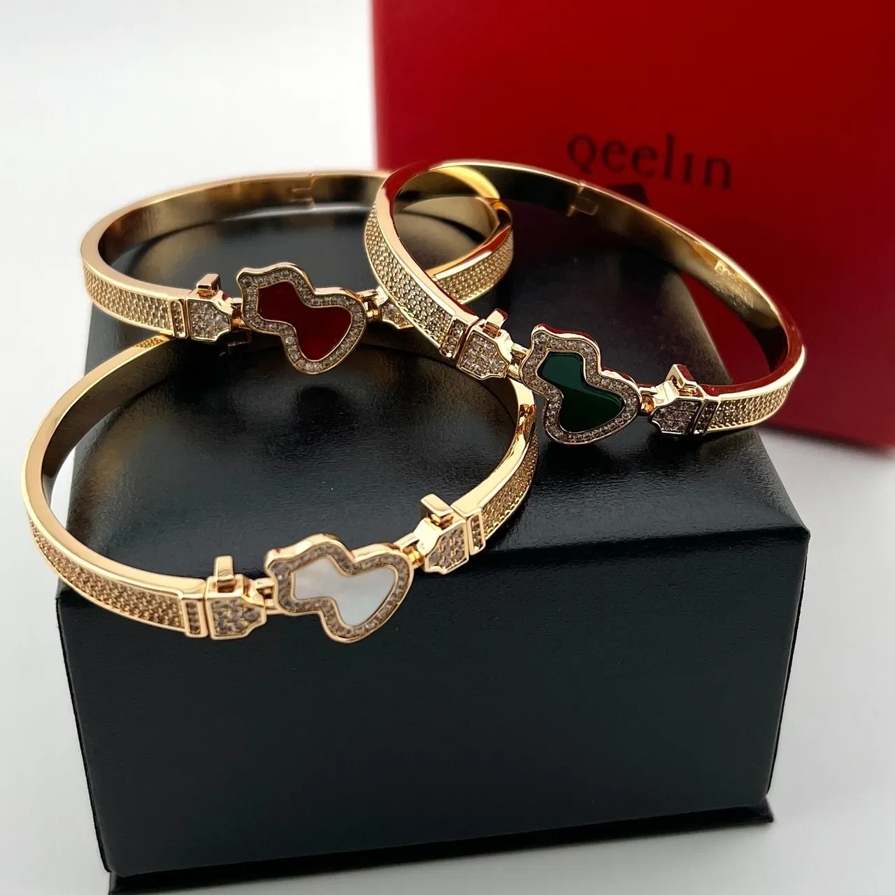 Gold-Tone Pavé Heart Inlay Bangle Bracelets 8