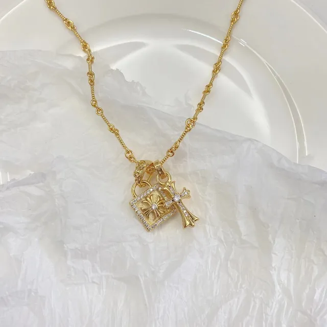 Gold-Tone Pavé Square Lock and Cross Charm Necklace 2