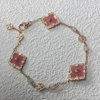 Gold-Tone Pink Floral Enamel and Stone Charm Bracelet