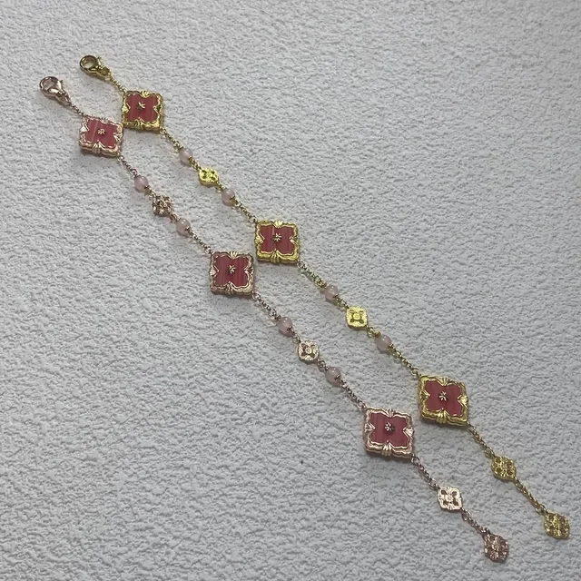 Gold-Tone Pink Floral Enamel and Stone Charm Bracelet 2