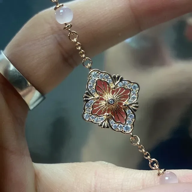 Gold-Tone Pink Floral Enamel and Stone Charm Bracelet 4