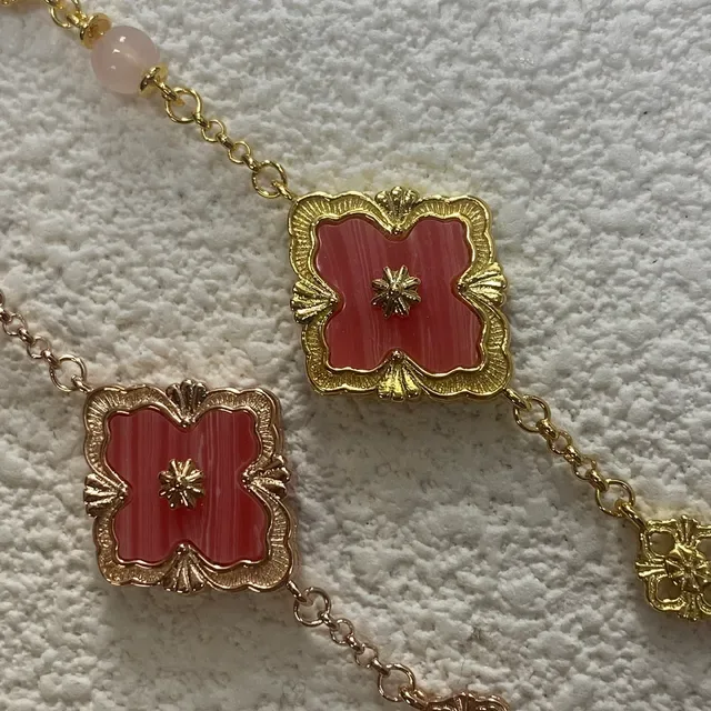 Gold-Tone Pink Floral Enamel and Stone Charm Bracelet 5