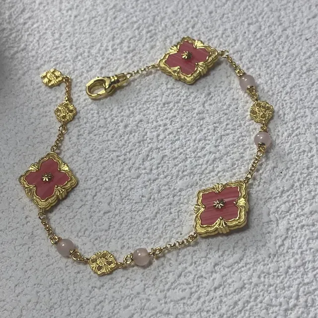 Gold-Tone Pink Floral Enamel and Stone Charm Bracelet 6
