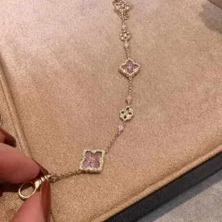 Gold-Tone Quatrefoil Floral Pink Enamel Chain Bracelet