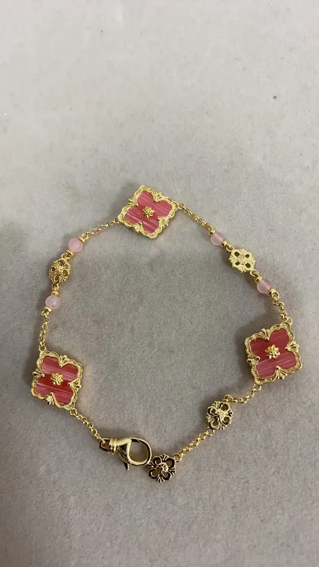 Gold-Tone Quatrefoil Floral Pink Enamel Chain Bracelet 2